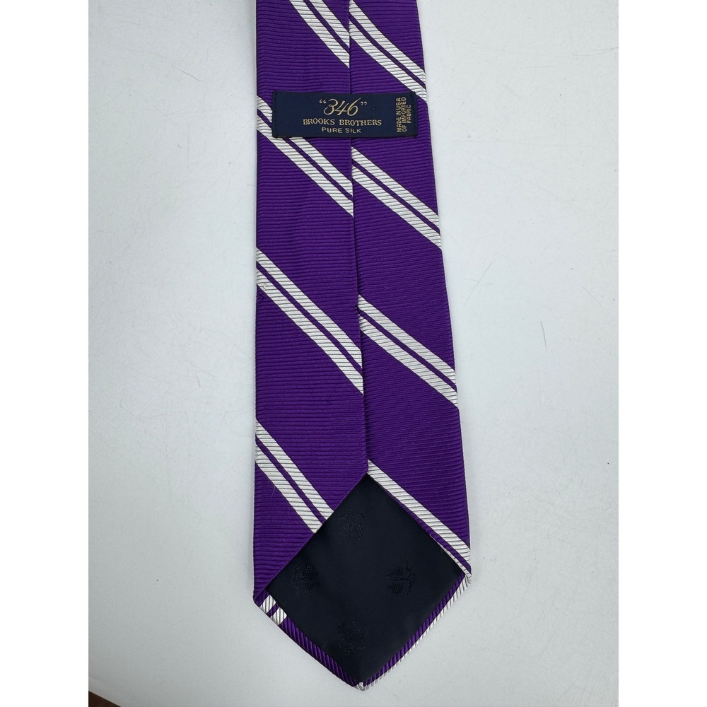 Brooks Brothers 346 Mens Purple White Diagonal Striped Pure Silk Rep Necktie - Picture 3 of 6